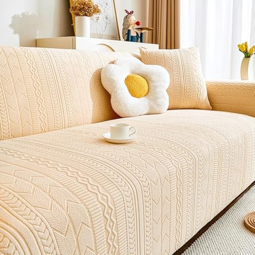 WZDD Housse de Canapé Extensible 4 Places, Universelle Housse Canapé avec Accoudoirs, Housse Canape Velours Jacquard épais et élégante, Anti-dérapante Housse Protection Canapé Couvre (Color : Beig