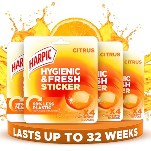 Harpic Hygienic Fresh Sticker Adhesive Toilet Block, Yellow - Citrus, 4 Packs of 4 stickers. Toilet Freshener, No Plastic Applicator.