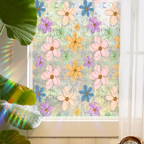 Runtoo Sichtschutzfolie mit Regenbogen-Gänseblümchen, 3D-Dekor, Vinyl, Buntglas, Blumenfenster, statisch haftende Aufkleber, Nicht klebender Aufkleber, 40 x 101 cm
