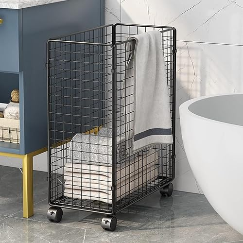 WPJBDS Carrello Portabiancheria con Ruote in Metallo, Cesto Portabiancheria Pieghevole in Metallo con Ruote, Cesto Portaoggetti per Vestiti O Biancheria, per Soggiorno, Bagno(Color:Nero)