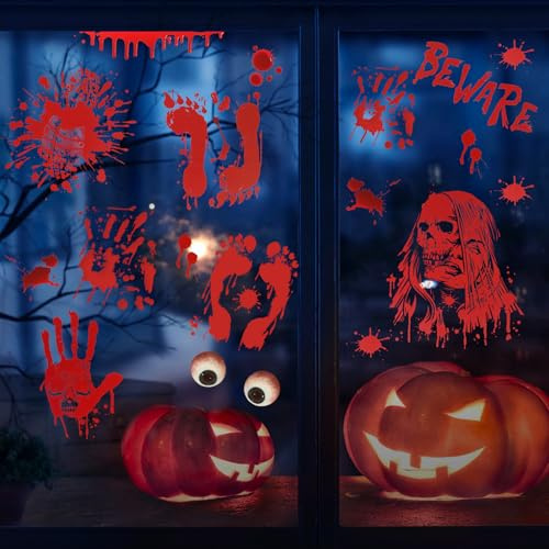 AUAUY Halloween-fönsterdekoration, PVC-klistermärken, dubbelsidiga fönsterbilder, läskiga, blodiga händer, fotavtryck, klistermärken, statiska, självhäftande, återanvändbara, 9 ark, 84 st