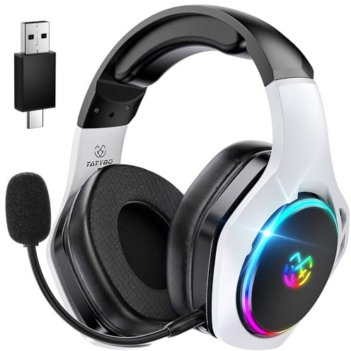 Tatybo Cascos Gaming Inalámbricos para PC/Ps5/Ps4, Auriculares Gaming Inalámbricos con 2,4 GHz+Bluetooth 5,3 Modo Dual, 7.1 Sonido Envolvente, Duración 40Hr+