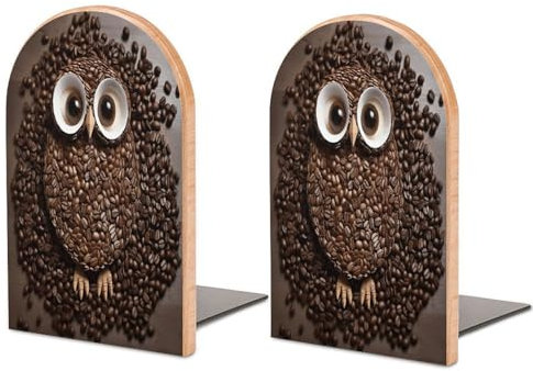 Robuste Buchstützen, Kaffeebohnen-Eulen-Druck, dekorative Buchstützen, rutschfeste Buchstütze für Regale (1 Paar)