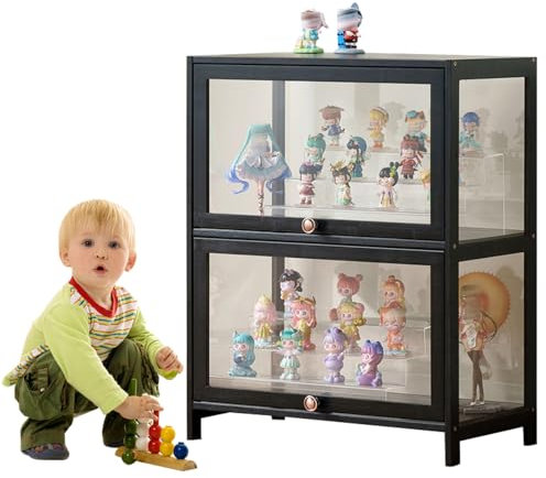 errtsdb Glass Display Cabinet, Display Cabinets for Collectables, Curio Cabinet Acrylic Display Cabinet Figure Display Cabinet for Various Scenarios(40x33x73cm-2Layer/Black-Four Sides Transparent)