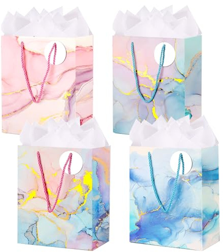 Medium Gift Bags, 4 Pack 9'' Marble Paper Bag with Tissue Paper for Mother‘s Day Birthday Anniversary Wedding Baby Shower(Marble)