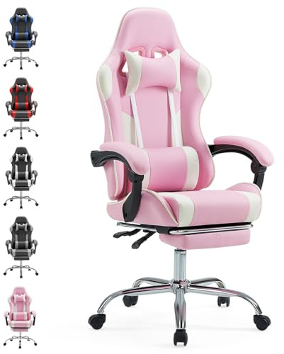 Sweetcrispy Gaming Stuhl,Ergonomischer Bürostuhl mit Fußstütze,Gamer PC Stühle mit Kopfstütze Lendenkissen,90-150° einstellbar Gaming Chair,Leder Drehbar Schreibtischstuhl Computerstuhl,Rosa