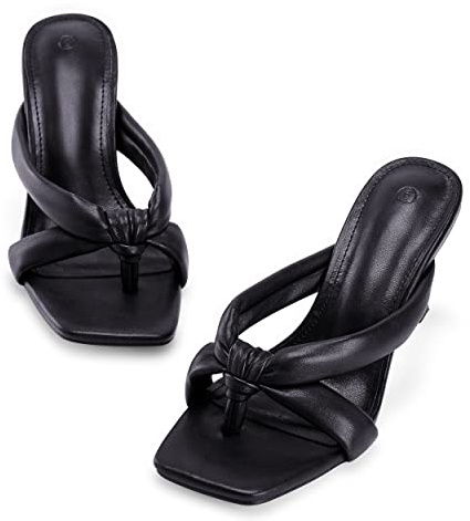 Coutgo Womens Thong Heels Mules Square Toe Heeled Flip Flops Mule Sexy Stiletto Dress Party Sandals, Black, Size 10