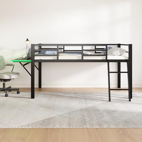 Idemon Flachbett, 90 x 200 cm, Metallbett, ohne Matratze, Geländer, Leiter, Schreibtisch, Fernbedienung und Ambiente-Lichtleiste (Black)