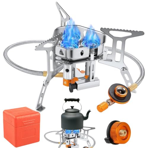 hornillo camping de 6800 W, gas con encendido piezoeléctrico, estufa a prueba de viento para exteriores, camping stove para picnic y