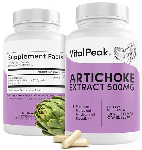 Vital Peak Artichoke 500 mg Supplement - Potent Artichoke Extract Capsules for Liver Health & Digestive Support - Artichoke Leaf Extract Promotes Energy & Focus - 30 Capsules