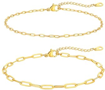 FaithHeart 2pcs Bracelets de Cheville Femme Plaqué Or 14K - Chaînes Trombone 2mm & 3mm Ajustable de 22+5cm - Collier de Cheville Tendance - Bijou Estival