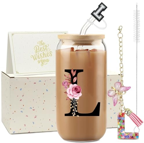 ZIOSINM Buchstaben Personalisierte Geschenke für Frauen, Glasbecher | Glasbecher mit Deckel & Strohhalm + Schlüsselanhänger Buchstabe, Geschenke für Frauen zum Geburtstag Weihnachten Valentinstag