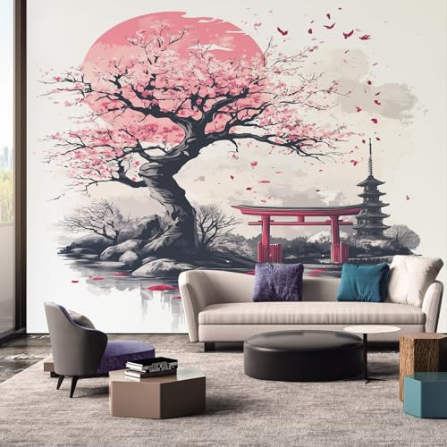 Générique Papier Peint Motif Japonais Fleurs de Cerisier, Papier Peint Panoramique Tableaux Photo Muraux Utilisé Pour Chambre, Salon, Fond TV Décoration Murale 250 x 175 cm HQui25