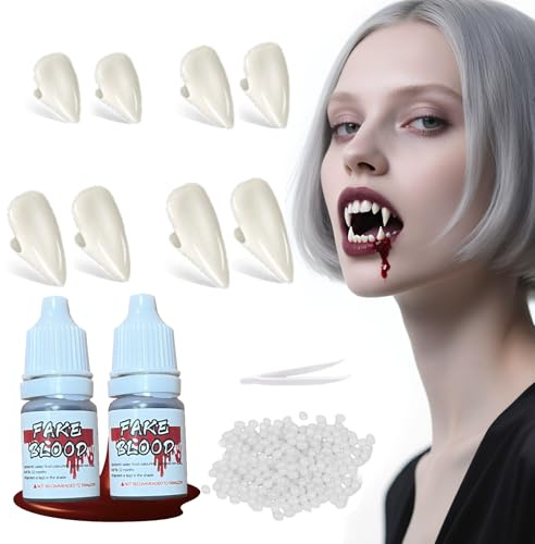 Dent De Vampire Adulte Halloween,Accessoire Halloween Deguisement Vampire Femme Canine De Vampire4 Tailles,avec Colle Granulée Et Faux Sang,Dentier Halloween Cosplay Party Adultes Enfants