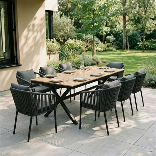 IDIMEX Gartenmöbelset ISOLA mit 8 Stühlen, Schwarz/Narur – wetterfeste Essgruppe, Gartentisch 180 x 100 cm mit WPC Tischplatte und stapelbare Gartenstühle inkl. Kissen für Terrasse & Balkon