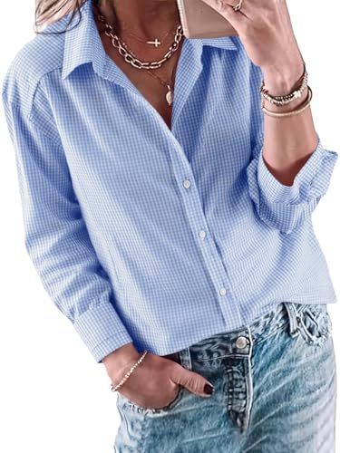 Cicy Bell Blusa de mujer con cuello en V elegante y casual de manga larga con botones, a cuadros, blusa casual de negocios, camisa de vestir holgada, blusa de manga larga, túnica, camiseta, azul, L