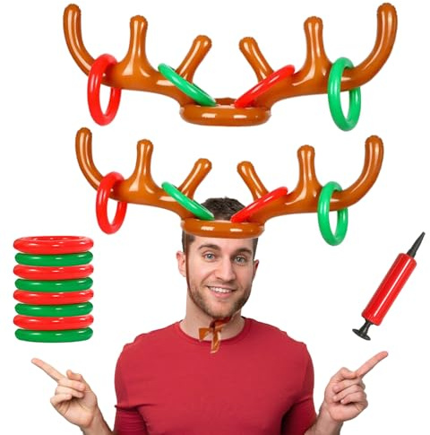 Inflatable Reindeer Antler Game, Christmas Reindeer Ring Toss Game,(2Antlers 8 Rings 1 Pump) Antler Ring Toss, Fun Interactive Games Suitable for Family Christmas Gatherings (2 Pcs)