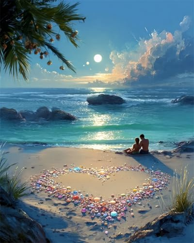 RKFLGEW Diy Perlenstickerei Set Mit Perlen Vollbild Fantasie Strand Liebe Herz Perlenstickerei-Set, Einfaches Kreuzstich-Sets Für Erwachsene Und Anfänger Für Handarbeiten 30x40cm
