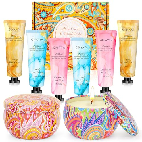 Coffret Cadeau pour Femme , Cadeaux de Noël pour Maman, Petite Amie et Sœur, 2 Bougies Parfumées pour Soulager le Stress et 6 Creme Mains pour Prendre Soin de Vos Mains