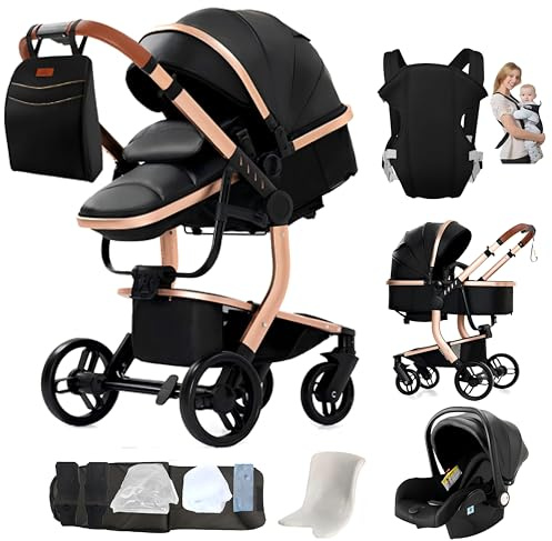Aveainelle 3 in 1 Kinderwagen aus PU Leder, Wendbares Baby-Reisesystem, mit Einem Klick Zusammenklappbarer Kinderwagen und Komplettes Zubehör, Zwei Bremsmodi für Vorder- und Hinterräder（Black）