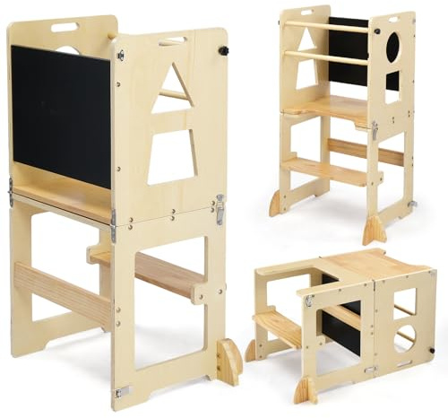 LEADZM Lernturm ab 1 Jahr，Lernturm Klappbar，Montessori Spielzeug ab 1 Jahr，Learning Tower，für Küche Tisch Bad(Naturholzfarbe