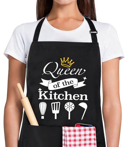 BTIYMU Kochschürze Damen Personalisiert Schwarz, Küchenschürze Schürze Damen Lustig Grillschürze Backen mit Taschen, Verstellbar Kochschürzen Schwarze Schürzen für Frauen Mama Oma Geschenke