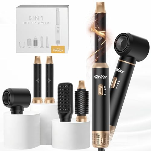 UKLISS Hair Styler 5 i 1 Airstyler hårstyler Air locktång Föhn termisk borste Glättbürste multistyler rundborste Föhn varmluftsborste hårstylingsapparater hårtork present för kvinnor, svart