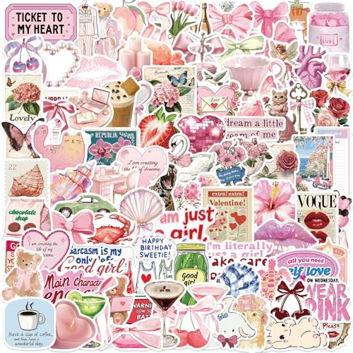 200PCS Coquette Stickers Vintage Pink, Aesthetic Coquette Retro Stickers for Water Bottles Laptop Scrapbook, 100 Unique Designs Waterproof Vinyl Stickers Set for Girls Teens Gift