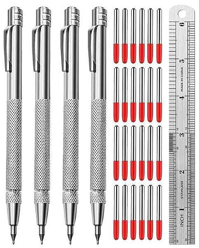 IMCCZONY Scriber with Magnet, Metal Scribe, with Extra 24 Replacement Marking Tip and Steel Ruler Silver Metal 4PCS