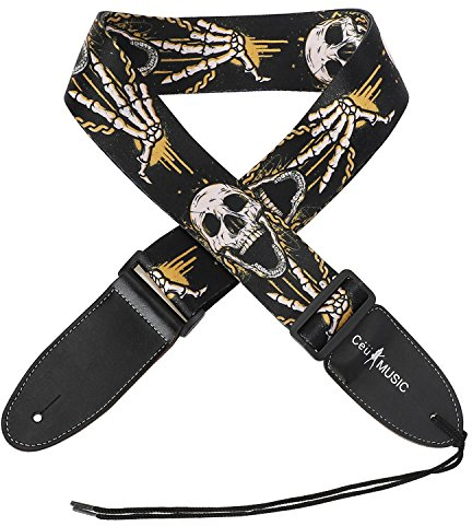 Simtyso Verstellbarer, weicher Lederriemen im Totenkopf-Stil für E-Akustik-Gitarre und Bassgitarre