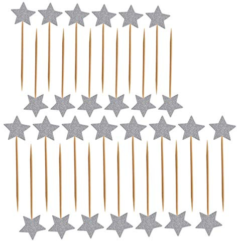 ULTNICE 50 Stück Glitzer Sterne Cake Topper Silber Tortendekoration Party Kuchendekoration 10X3.5Cm Nicht Essbare Cupcake Dekoration