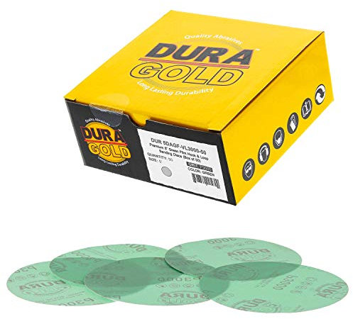 Dura-Gold Premium-Schleifscheiben mit grünem Film, 12,7 cm, Körnung 3000, 50 Stück, Klettverschluss-Rückseite, Schleifpapierscheiben für DA-Schleifer, Finishing Cut Schleifmittel, Sand, Autolack,