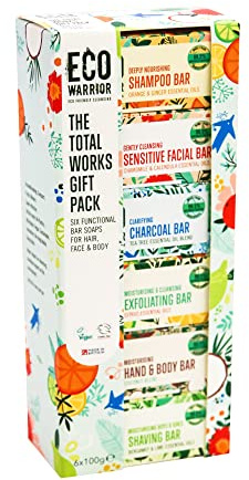 Eco Warrior Total Works Shampoo & Soap Gift Set, 6 Bars x 100g, Vegan | Six-bar set with shampoo, facial, hand and body, charcoal, exfoliating and shaving bars.