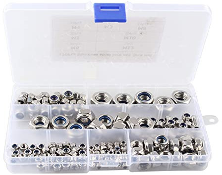 HALJIA 170PCS Tuercas Autoblocantes Hexagonal, Contratuercas de Nylón de Acero Inoxidable M3 M4 M5 M6 M8 M10 M12
