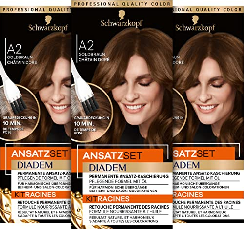 Diadem Ansatzset A2 Goldbraun Stufe 3 (22 ml), dauerhafte Haarfarbe zum Haaransatz kaschieren in nur 10 Minuten, Ansatzfarbe mit ölhaltiger, pflegender Formel