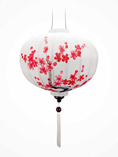 Asiatische Laterne aus Weißem Leinenstoff R - Durchmesser Ø38cm - Handbemalte Laterne mit Kirschblütenzweig Motiv - Dekoration und Kunsthandwerk aus Vietnam (R25-DAOCAY)