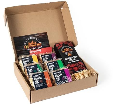 Exstream BBQ Fruit Wood Chip Selection Box - Apple, Cherry, Lemon, Orange, Pear, Plum - Includes Smoker Box, Flavour Chart Magnet & Wood Wool Firelighter