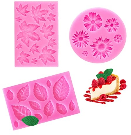 PFLYPF 2 x Blattformen und 1 x Blumenform, Silikonformen, Fondantformen, Schokoladenformen, Bastelformen, zum Herstellen von Kuchen, Brot, Schokolade, Fondant usw.