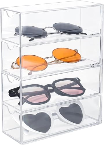 CTDMJ Brillenbox für Mehrere Brillen, Transparentes Brillenetui mit 4 Schubladen, Acryl Aufbewahrungsbox, Sonnenbrillen Aufbewahrung, Brillen Brillenkoffer für Uhren,Kosmetik,Schmuckkasten