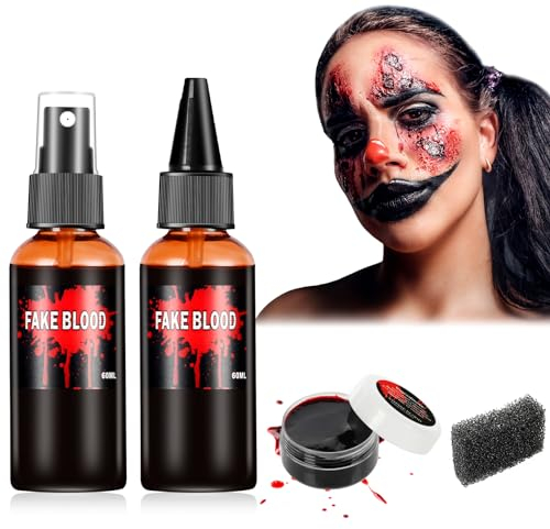 Aomig Faux Sang Halloween, 1x Plasma Coagulé, 2x Spray de Faux Sang(60ml), Makeup Revolution Réaliste, Lavable, Sûr, Fake Blood pour Carnaval, Film, Théâpre, Farces, Blessures Simulées