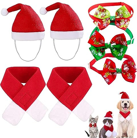 Osuter Weihnachtshut für Haustiere, 7-teiliges Weihnachtskostüm für Haustiere, kleine Weihnachtskleidung für Katzen, Welpen, Haustiere, Party, Cosplay (Mützen, Schals, Halsketten)