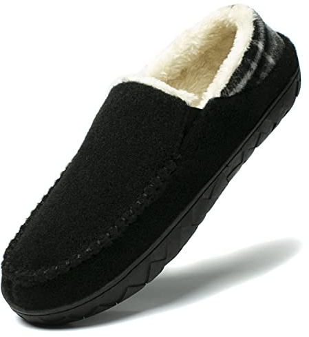 NewDenBer Mockasintofflor för män varm minnesskum filtad ull plysch skjuvning fodrad slip-on inomhus utomhus husskor, 2 svart vikbar baksida design, 43.5 EU