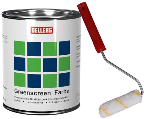 OELLERS Greenscreen Farbe, Chroma Blau,1 Liter, inkl. Farbroller | Studio- & Wandfarbe - für Studioaufnahmen, Videoproduktionen und Fotosessions
