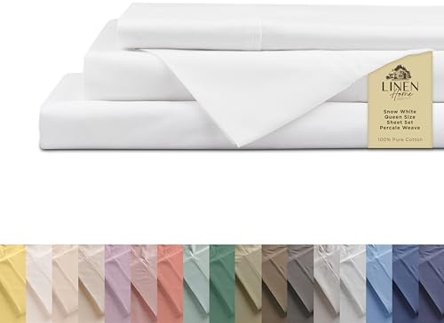 Linen Home 100% Cotton Percale Sheets Queen Size, Snow White, Deep Pocket, 4 Pieces Set - 1 Flat, 1 Deep Pocket Fitted Sheet and 2 Pillowcases, Crisp Cool and Strong Bed Linen