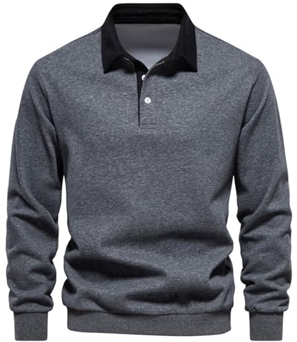 MakingDa Sweat Homme Col Polo Manches Longues Chaud Pullover Sweatshirt Hiver Thermique Couleur Unie Coton Pull Top Casual Travail Sport Pull-Over Classiques sans Capuche Sweat-Shirt Gris Foncé XL