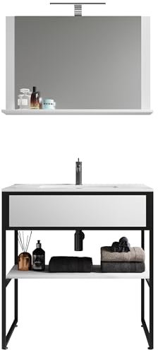 VCM Mobile lavabo 3 Pezzi Set arredo Bagno Lavabo Legno Metallo Stile Industriale Bitila 80 V2 Mobile lavabo 3 Pezzi Set arredo Bagno Lavabo Legno Metallo Stile Industriale Bitila 80 V2 Nero/Bianco