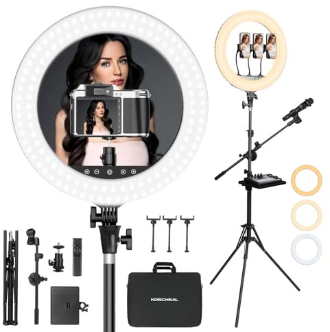 Upgraded 18 inch Ring Light with Tripod Stand & Phone Holder,KOSCHEAL Ringlights with Remote,3000-6500K Dimmable White,Extendable 86'' Tall Circle Light for Phone Camera Makeup Streaming Zoom Meeting