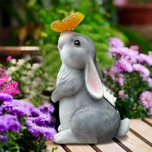 Solar Kaninchen LED Gartendeko Figur, Solarlampen für Außen Hasen Deko, wasserdicht Solarleuchte Osterhase Gartenleuchten, Osterdeko Garten Deko für Terrasse, Rasen, Hof (Grau)