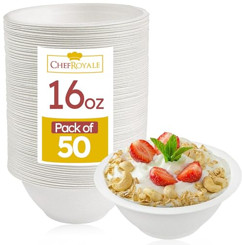 50 Pack Strong Paper Bowls – 470ml/16oz Disposable Sugarcane Bagasse Bowls for Party – Eco-Friendly Microwavable Soup Bowl for Dessert Milk Salad Cereals – Perfect for Birthdays Christmas Wedding