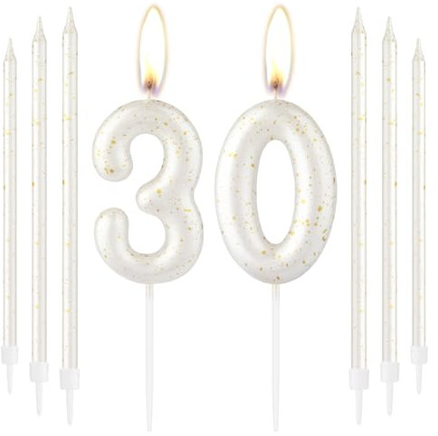 White Gold Happy 30th Birthday Candles, Number 30 Cake Topper for Women Men, Birthday Decorations, Wedding Anniversary Supplies